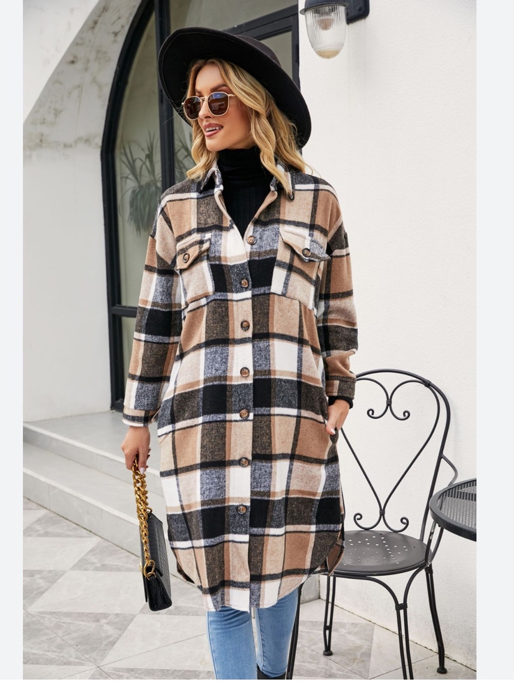Adele B. Plaid Button-Front Long Shirt jacket in Beige and Black